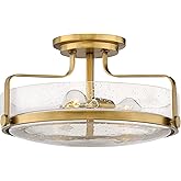 Hinkley Harper 3643HB-CS Large Semi-Flush Ceiling Light, Sleek, Retro Style, Heritage Brass and Clear Seedy Glass
