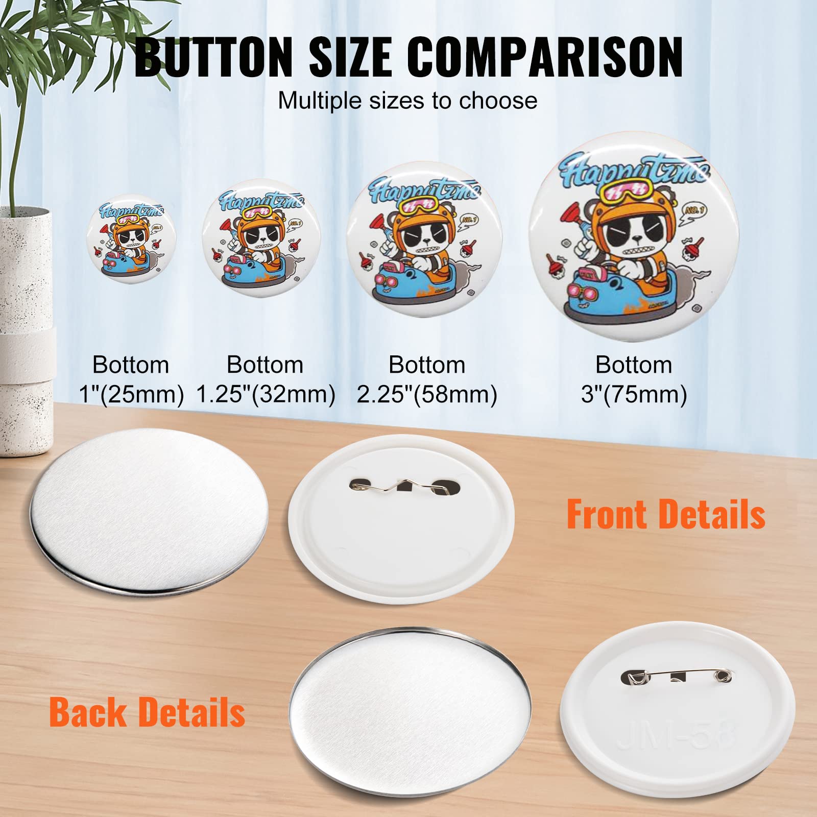 VEVOR 500 Sets 2.25 inch 58mm Pin Back Button Parts, DIY Round Button Badge Parts, Set Includes Metal Top, Plastic/Metal Button, Clear Film, and Blank Paper for Gifts Presents, Machine NOT Included