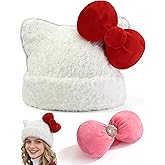 Dokiory Kitty Beanie Hat Ears with 2 Bows, Winter Fluffy Cat Ear Crochet Knit Cap, Kitty Christmas Gifts Stuff Costume for Women