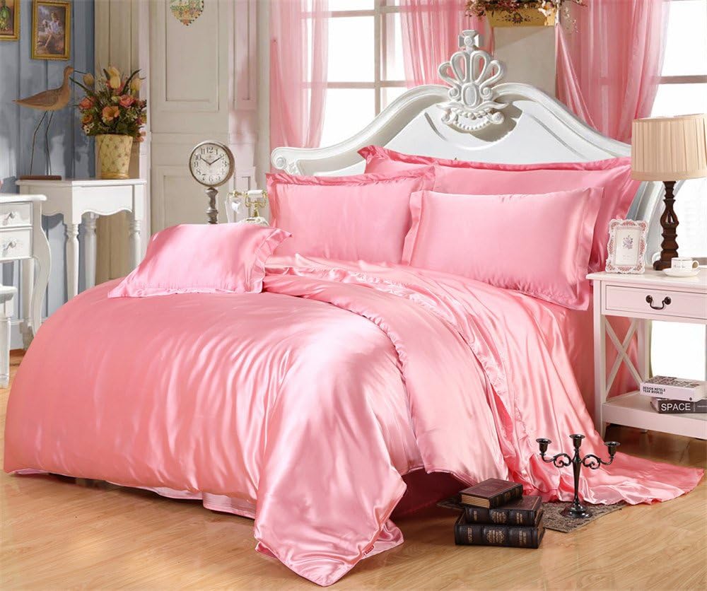 Lotus Karen Satin Silky Bedding Comforter Duvet Cover Fitted Sheet Pillowcases Set - Luxury Ultra Soft Solid Imitated Silk Bedding Set