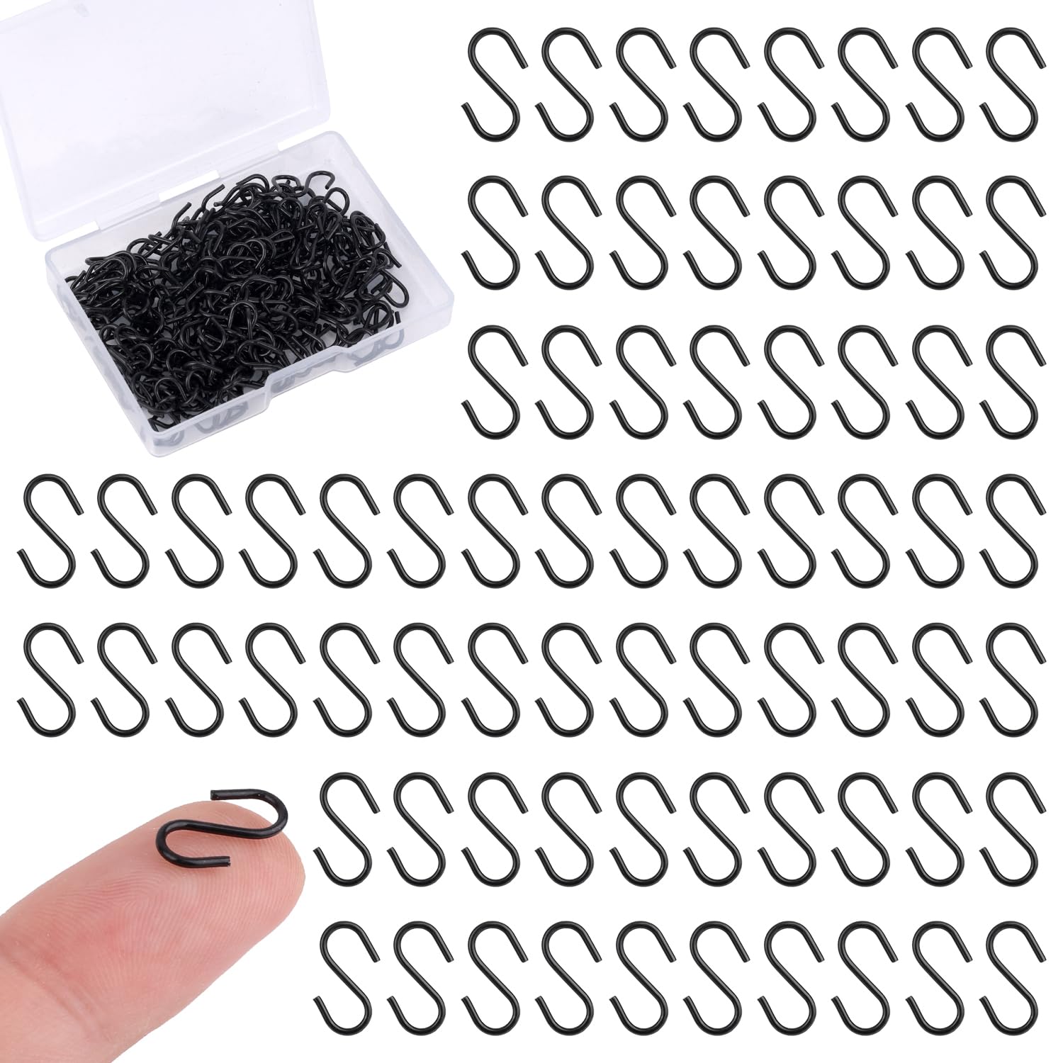 Gosknor 200pcs Mini S Hooks for Hanging, 1/2 Inch Stainless Steel Tiny Miniature Ornament Hooks Metal Blank Wire Small S-Shaped Hangers Connectors for Jewelry Making DIY Craft Keychain (Black)