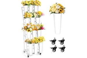 LEALIBAUSS Flower Bar Stand with 12 Buckets,Metal Flower Display Stand with Wheels,4 Layers Moving Florist Bouquet Shelf for 