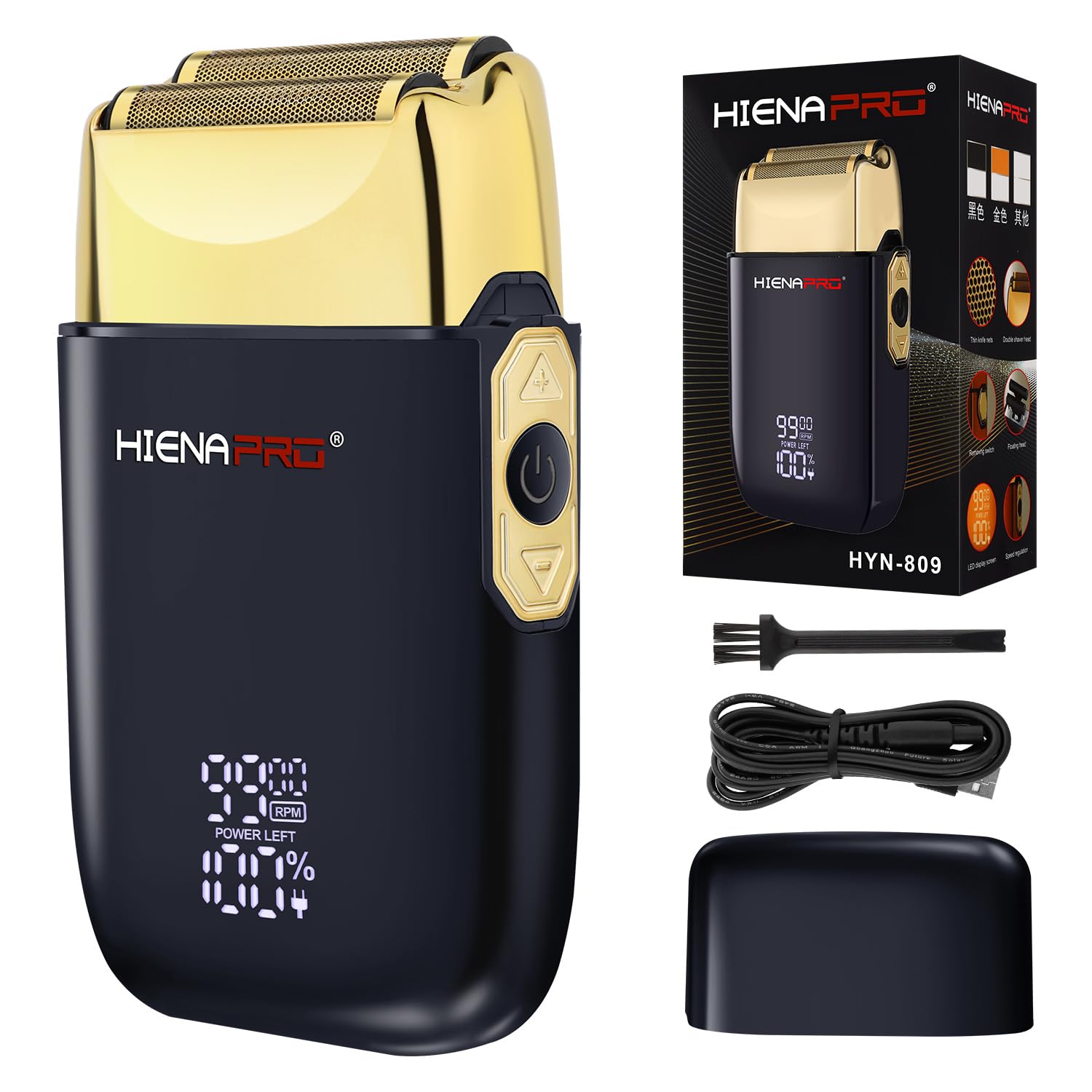 HIENA PRO Foil Shaver for Men Barber, Double Electric Foil Trimmer, Professional Electric Razor, Close Shaver, Cordless Rechargeable with USB, Detachable Design, LED Display, Black Gold