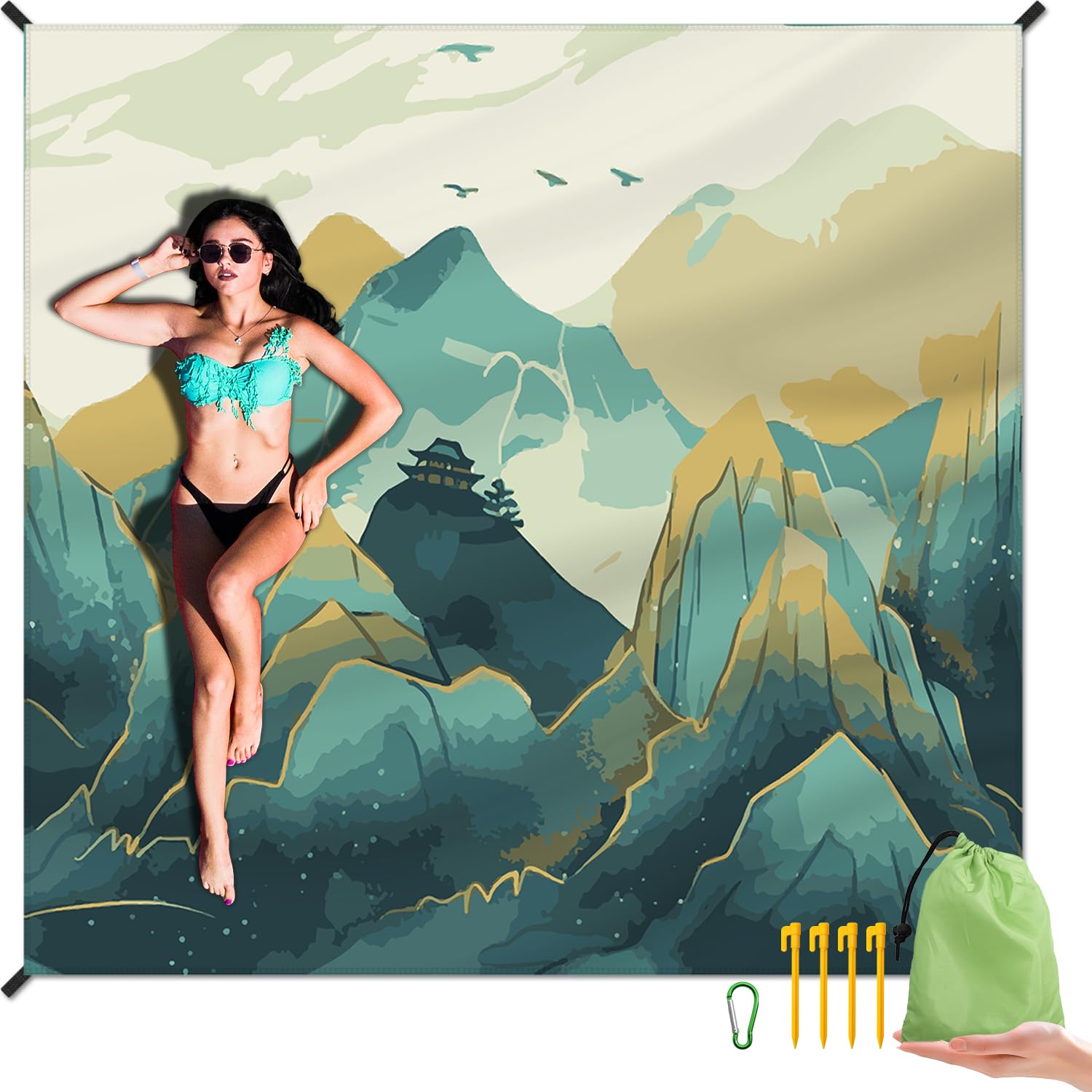 Photo 1 of Beach Blanket Waterproof Sandproof Large Beach Mat 79" X 83" for 2-4 Adults Sand Free Mat Quick Drying,Lightweight & Durable with 4 Stakes & 4 Corner Pockets for Beach Travel Camping.(Mountain)