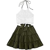 LYANER Women's 2 Piece Outfits Summer Lace Halter Cami Crop Top with Floral Mini Skirt Set