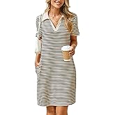 Glamaker Women T Shirt Summer Dress Casual Business Mini Loose V-Neck Short Sleeve Striped Dresses Pockets 2025 Trendy
