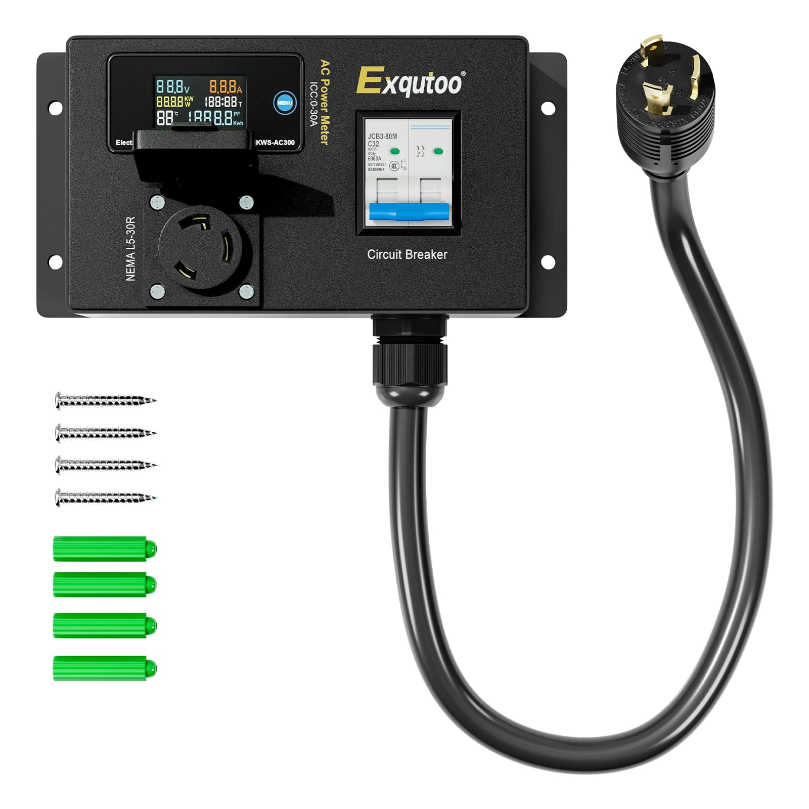 Photo 1 of Exqutoo AC Power Meter, NEMA Conversion Outlet, 120/240 VAC L6-30P to L5-30R Outlet with Breaker & Voltmeter, LCD Digital Real-Time Display, Multifunction Monitor Outlet with Waterproof Cover, 30 A