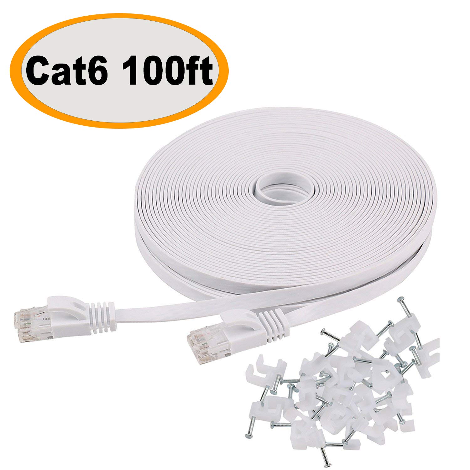 Cat 6 Ethernet Cable 100 ft Flat White, Slim Long Internet Network Lan patch cords, Solid Cat6 High Speed Computer wire with clips &amp; Rj45 Connectors for Router, modem, faster than Cat5e/Cat5, 100 feet