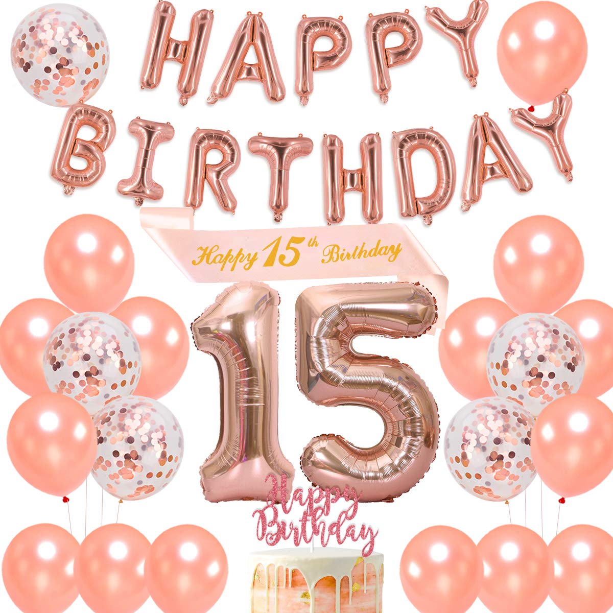 JOYMEMO 15th Birthday Decorations Rose Gold, Happy Birthday Banner, 15th Sash, Cake Topper, Number 15 and Confetti Balloons for Her Girls Fifteen Birthday Party Supplies