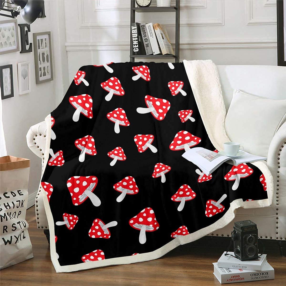 Loussiesd Sherpa Mushroom Plush Blanket for Kids - Double 60x79 Inch, Red, Fuzzy, Wild Fungus Botanical Pattern