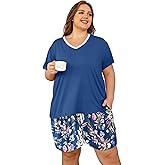 Vozanet Women's Short Sleeve Top and Shorts Pajama Sets Plus Size V Neck Colorful Flower Nighty Loungewear With TWO Pockets