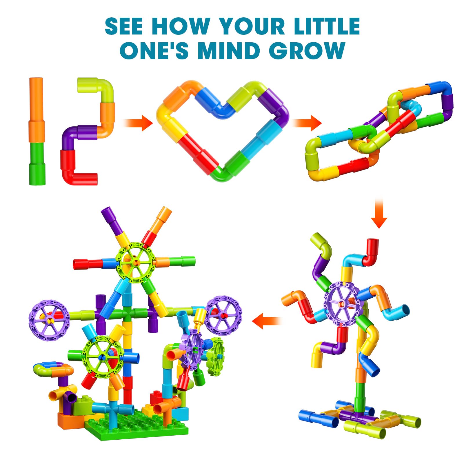 burgkidz Building Blocks STEM Pipe Tube Learning Toys Birthday Gifts, Educational Autistic Toy Compatible Building Pipeworks Constructions for Kids Boys Girls Ages 3 4 5 6 7 8+