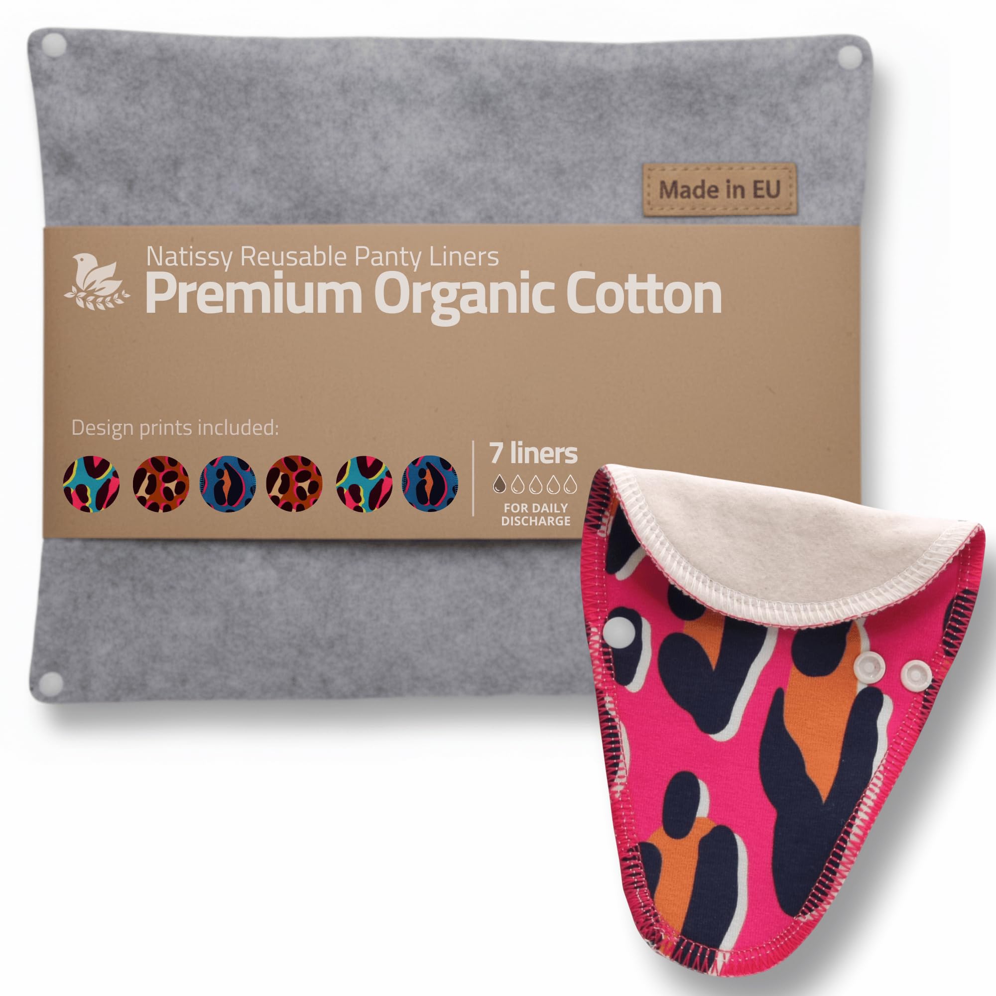 Organic Cotton Reusable Panty Liners for Women & Teens (Tanga, 7-Pack); High-Temp Washable Panty Liners Made in EU; Stay Fresh & Dry, for Daily Vaginal Discharge Only; 100% Breathable (no PUL/TPU)