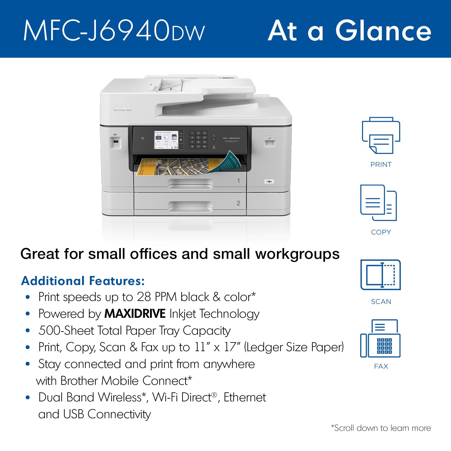 Brother MFC-J6940DW Wireless Color Inkjet All-in-One Printer | 500-Sheet Capacity | 11