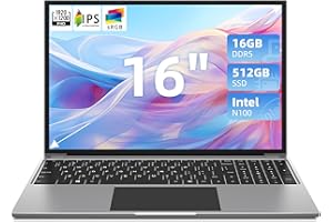 jumper Laptop Computer, Laptop Quad-Core Intel N100 CPU, 16GB RAM 512GB SSD, Laptops with 16“ FHD IPS 1920x1200 Display, 4 Stereo Speakers, Mini HDMI, HD Webcam, 2.4G+5G WiFi, 38WH Battery, Gray.