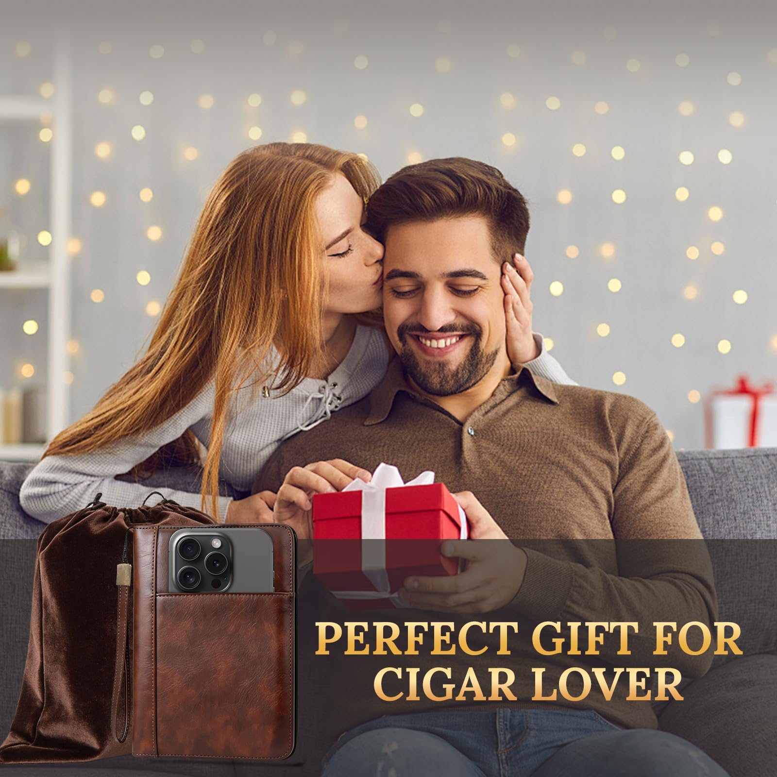 Travel Cigar Humidor, Handmade Crazy Horse Leather Cigar Case for Men, Portable Cigar Box Holds 5 Cigars with Phone & Lighter Pockets, Ideal Gift for Cigar Lovers - Brown