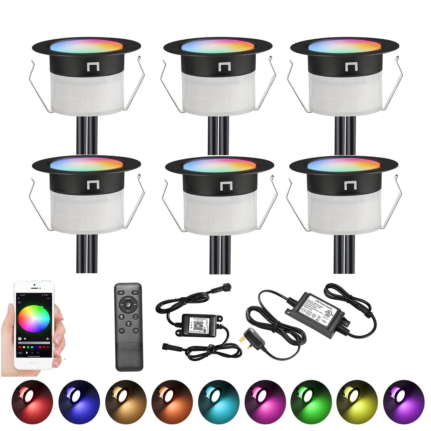 GEYUEYA Home LED Decking Lights RGBW, Ø45MM 12V Deck Light (RGB+Warm White) Led Plinth Light Kits for Terrace/Patio/Garden/Decoration-6 Packs