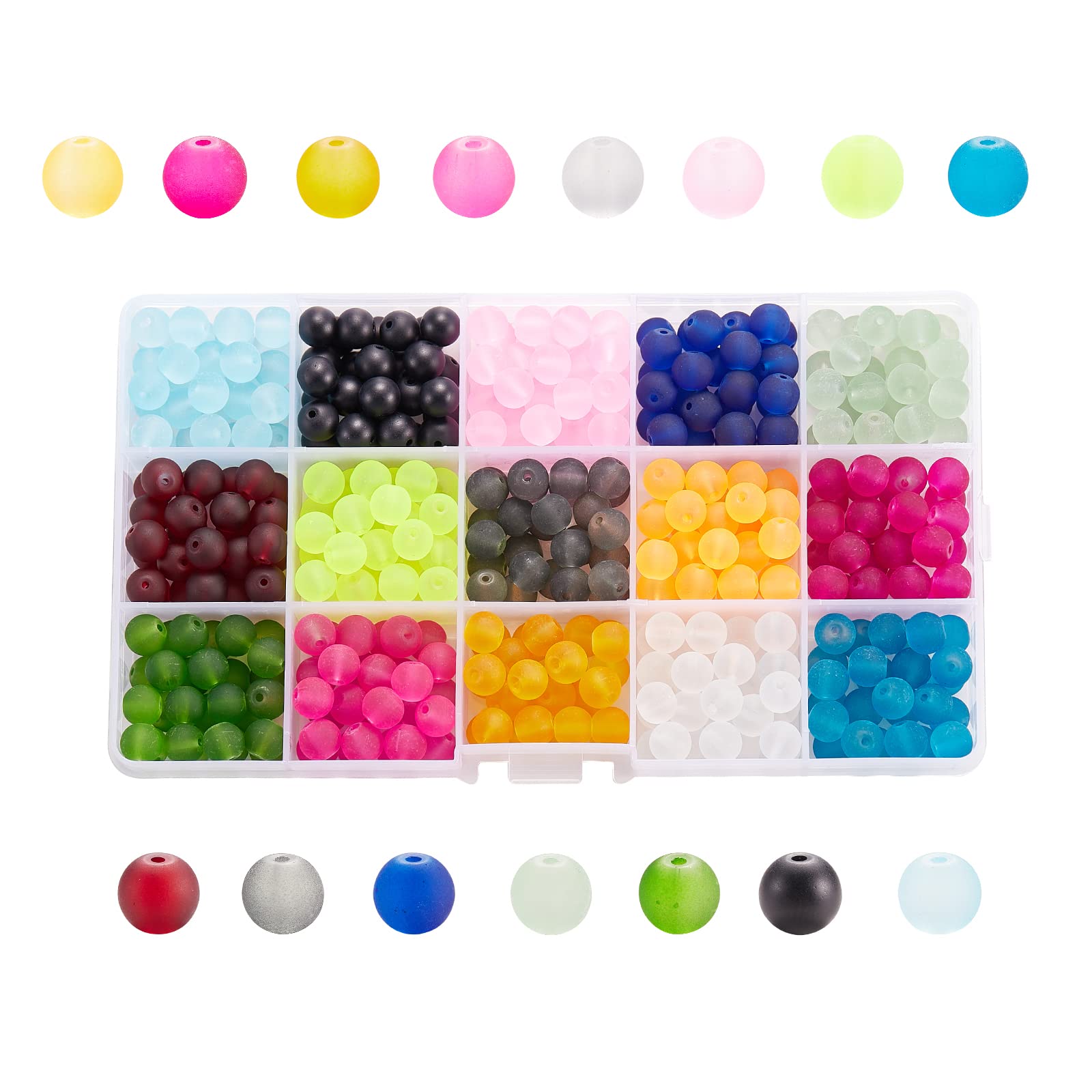 UR URLIFEHALL 380 Pcs 15 Colours 8mm Transparent Frosted Glass Beads Tiny Crystal Glass Round Loose Spacer Beads for DIY Jewellery Making