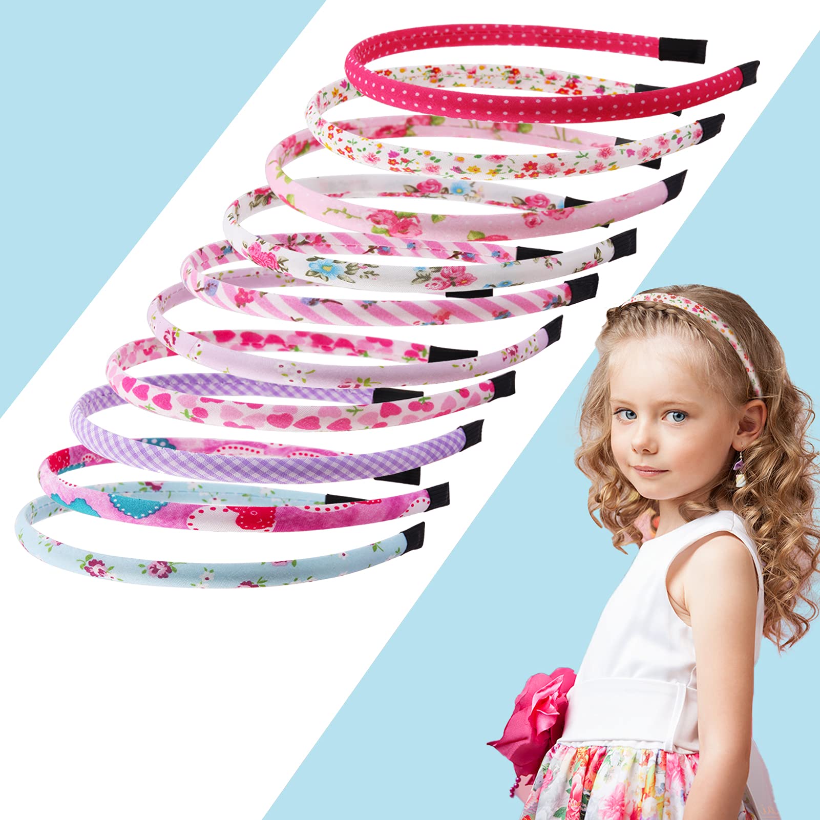 Candygirl 10 Pieces Alice Band Girls Headbands Floral Fabric Headbands for Girls Headband for Kids Polka Dots Heart Covered Hairbands