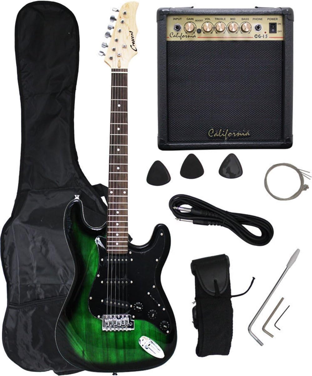 Crescent GREEN/BLACK Electric Guitar+15w AMP+Strap+Cord