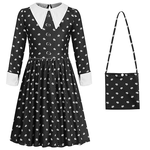 Boyigog Black Gothic Girls Home Cosplay Costume Black Polka Dot Dress Costume with Bag for Girls Gothic Fancy Dress Outfits for Halloween Carnival Party (130)
