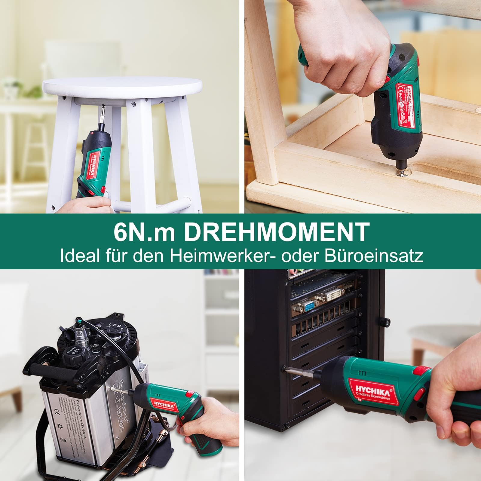 HYCHIKA Akkuschrauber, Cordless Screwdriver 6N·m Drehmoment und 2000mAh Akku 3,6V mit 20 Zubehörteilen, LED Licht, Magnetfutter für Schrauben 7