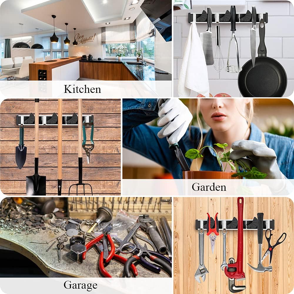 Rofesi Mop Broom Holder Wall Mount, Garage Storage Rack Garden Tool Organizer and Storage Wall Hanger, 3 Positions with 4 Hooks - - 