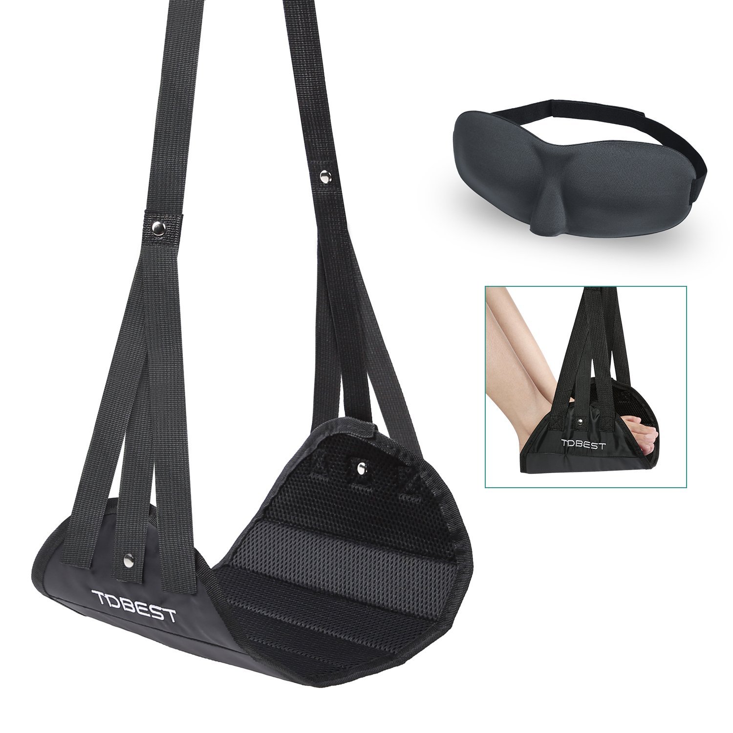 Foot Rest, Tdbest Adjustable Foot Rest Hammock and 3D Contoured Eye Mask Portable Airplane Travel Kit Flight Accessories to Prevent Swelling, Soreness