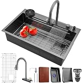 Waterfall kitchen sink 30X20" black Undermount Kitchen Sink with Pull-Out Faucet Stainless Steel Drop In Kitchen Sink Single Bowl with Accessories