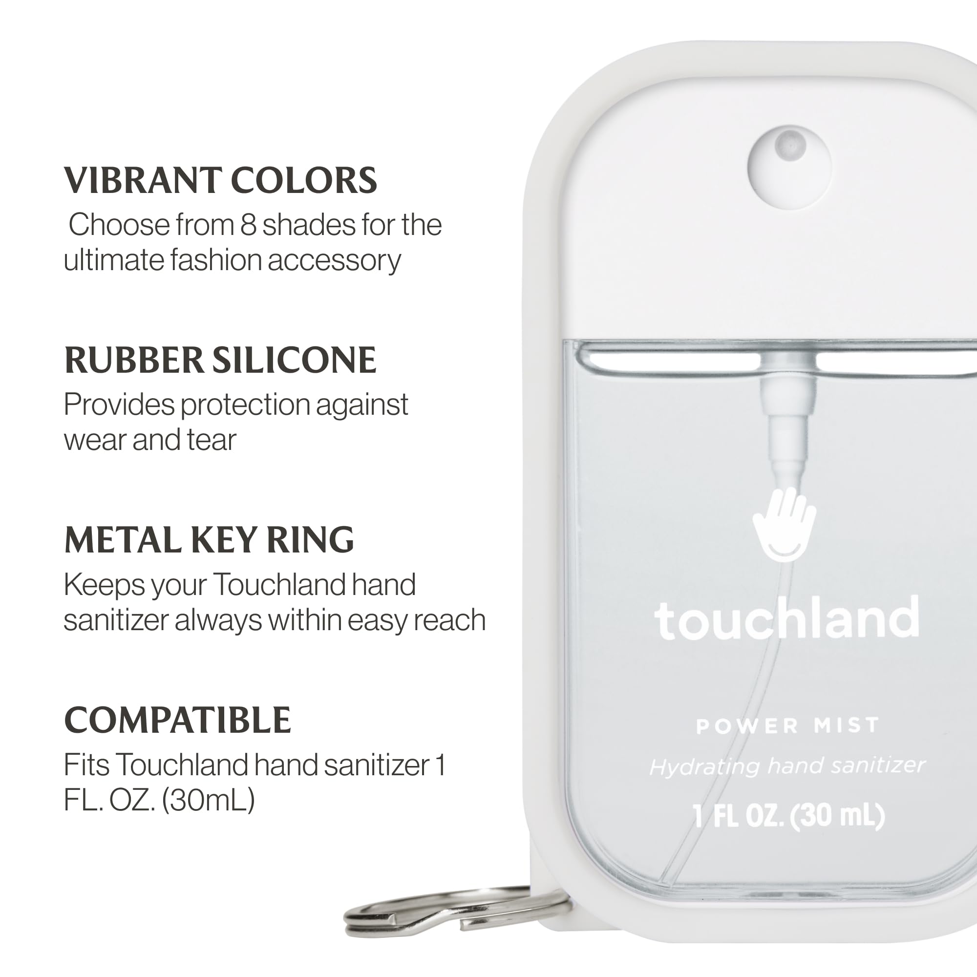 Touchland Hand Sanitizer Mist Case 1FL. OZ., Protective and Stylish Hand Sanitizer Spray Accessory, Silicone Case with Keyring, Icy White
