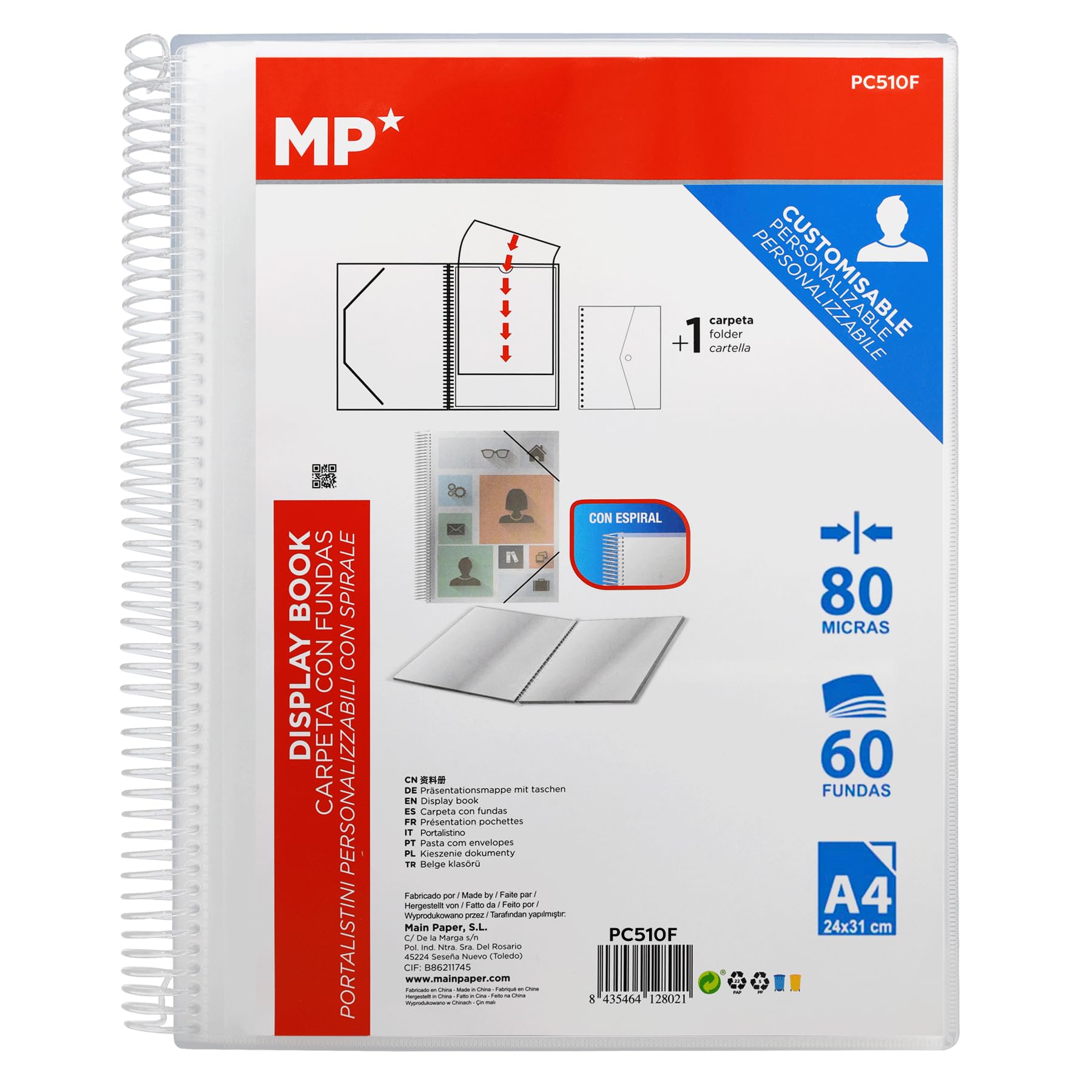 MP - Spiral Folder, Plastic Binders, 60 A4 Pocket, 24x31cm, Rubberised, Customisable Cover, Academic, Office, Document and/or File Organiser.