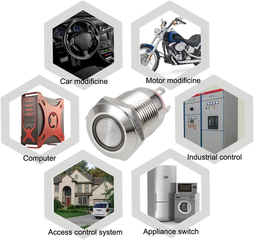 sourcing map Momentary Metal Push Button Switch 12mm Mounting Dia 2A 1NO 3-6VAC/DC Red LED Light - Image 5