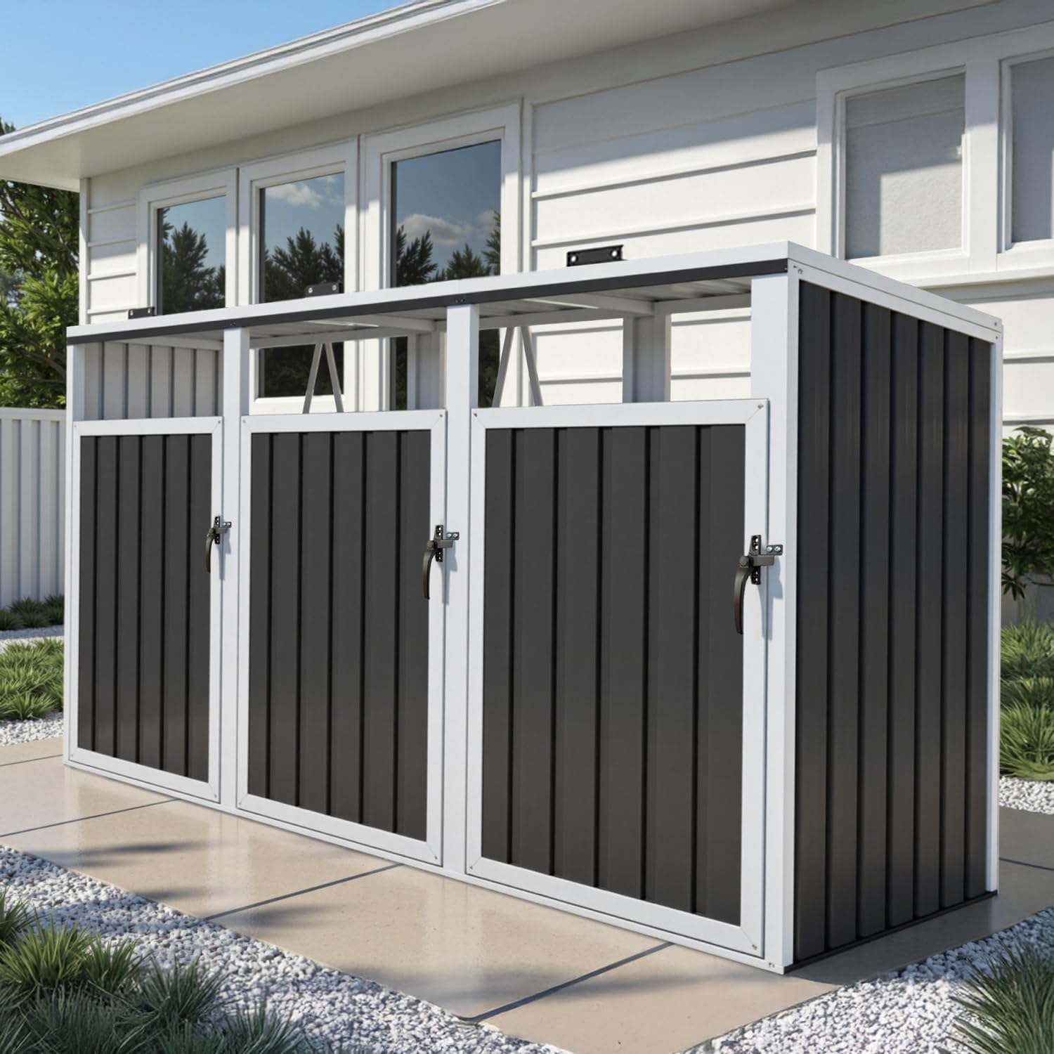 Photo 1 of ***It is used, it is missing parts, it is not known if it works 100%.****LINKHOO Outdoor Trash Can Storage Shed, 3 Galvanized Steel Large Trash Cans, with Lockable Door & Auto-Buffer Storage Cover, Ideal Outdoor Trash Can for Outdoor, Patio, Garden, and B