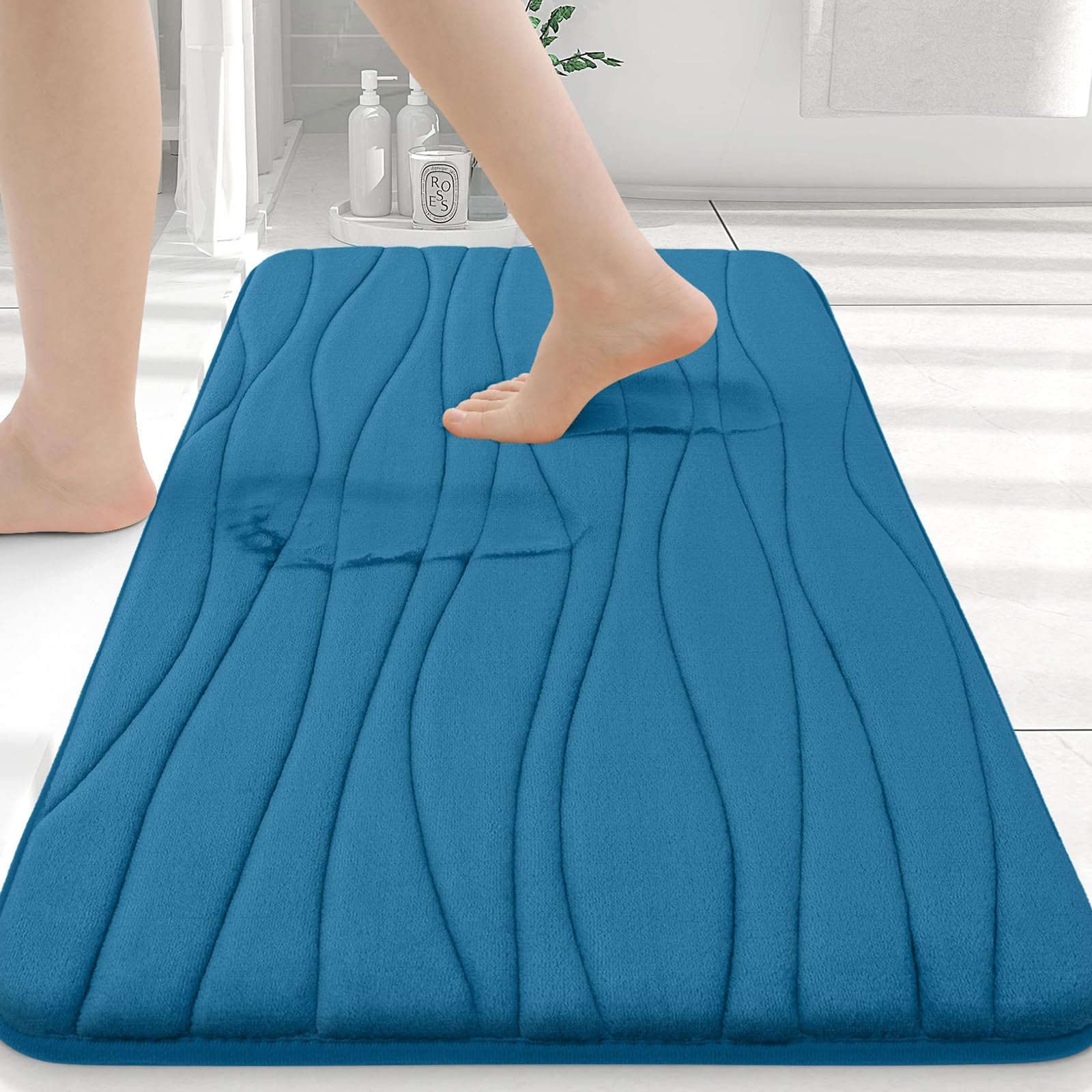 Photo 1 of Buganda Memory Foam Bathroom Rug Mat 30x20, Extra Soft and Absorbent Bath Mats, Non-Slip and Machine Washable Bath Rugs for Bathroom Floor,Tub and Shower, Peacock Blue