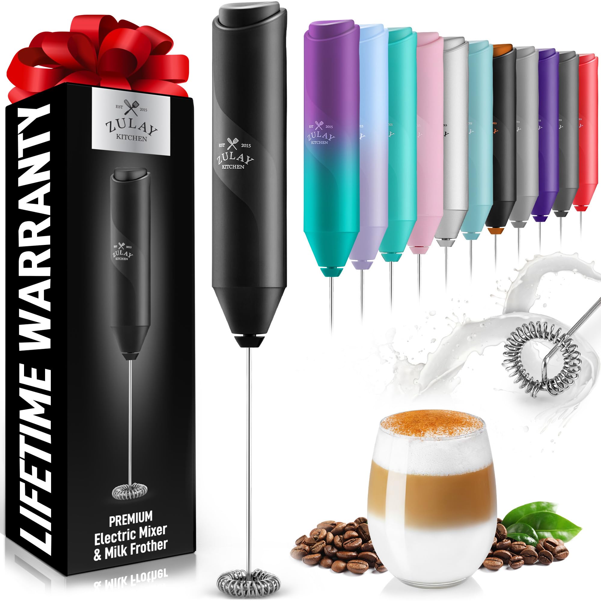 Zulay Kitchen Powerful Milk Frother AA Batteries Included – Ultra Fast Handheld Drink Mixer with Stainless Steel Whisk Stirrer for Coffee, Protein, Matcha & More, Frother Wand Electric Frothmate