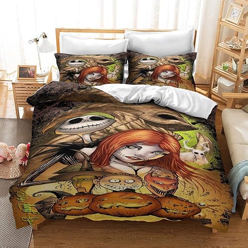 MULMF Reversible Printing The Nightmare Before Christmas Duvet Cover Sets, 3PCS Bedding Set with Zipper Closure,King (No Comforter)