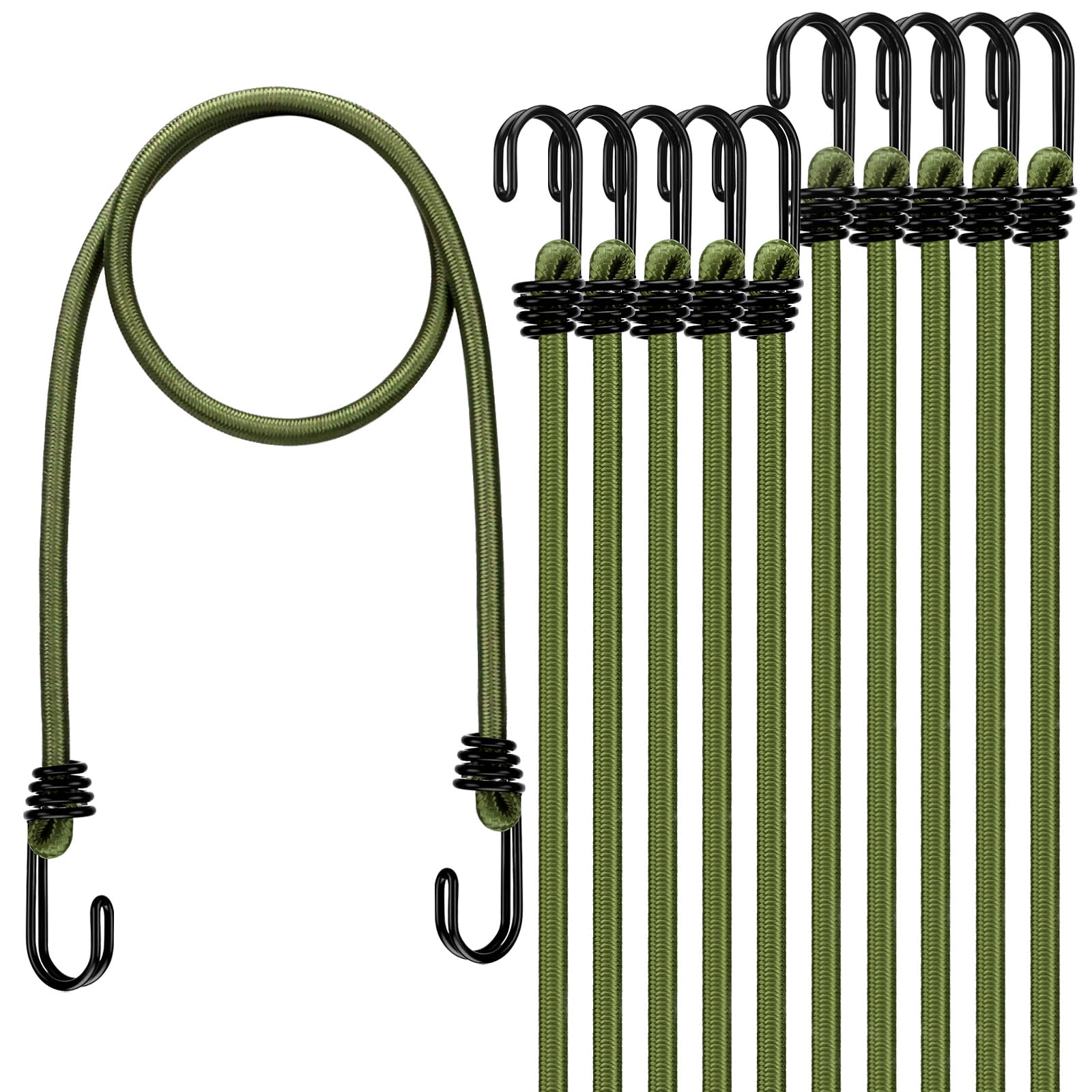 Photo 1 of 30" Green Bungee Cords with Hooks: 10 Pcs Bungee Cords Heavy Duty Outdoor, Bungie Cord Bundle Assortment with Metal Hook, Bungee Straps for Kayaking, Camping, Garage Storage