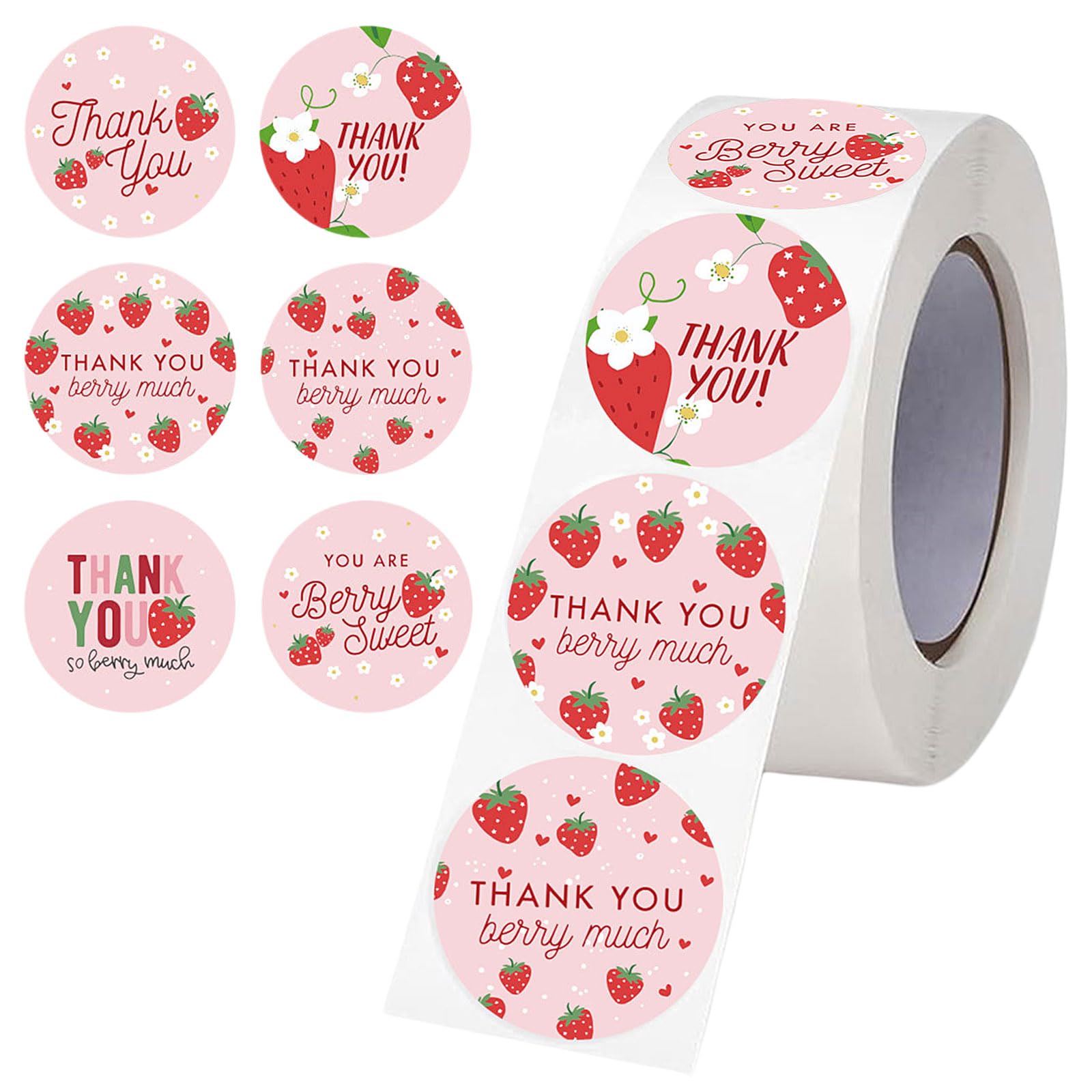 1 Roll 500 Pcs Red Strawberry Pink Thank You Stickers, Round Labels Gift Stickers with 6 Cute Strawberries Designs for Party Favors Gift Wrapping Celebrations Envelopes Scrapbooking Crafts(1 Inch)