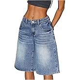 WDIRARA Women's Low Rise Baggy Denim Shorts Wide Leg Bermuda Jean Shorts