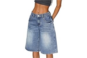 WDIRARA Women's Low Rise Baggy Denim Shorts Wide Leg Bermuda Jean Shorts