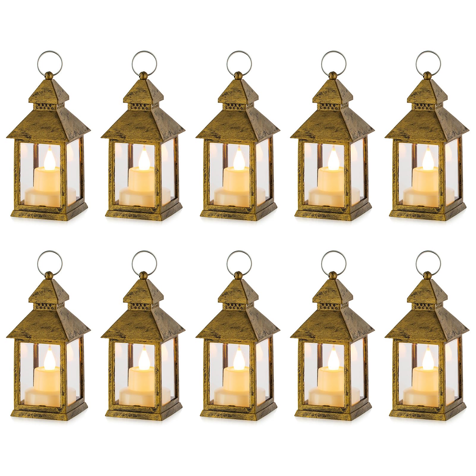 NUPTIO Candle Lanterns Halloween Decorations - 10Pcs Hanging Mini Lantern Gold with Flickering LED Tea Light Candles Vintage Ramadan Moroccan Wedding Centrepieces for Tables Indoor Outdoor