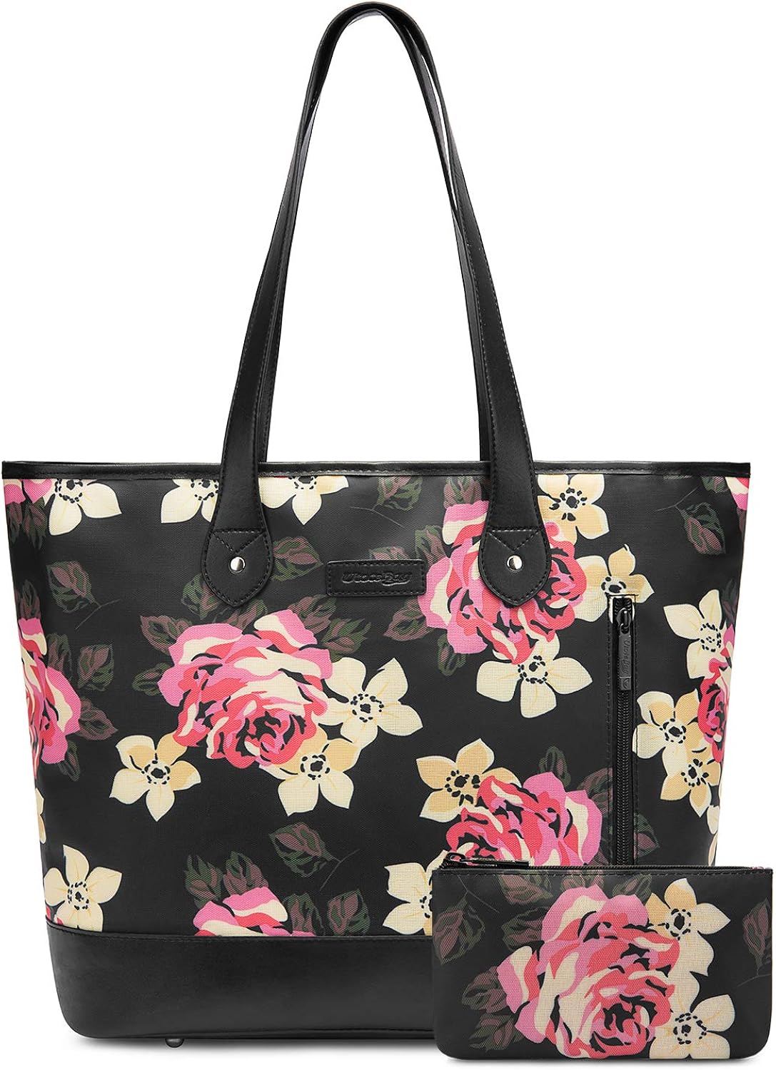 UtoteBag 15.6 Inch Laptop Tote Bag For Womens Floral Pattern Large Tote Bag Lightweight Shoulder Bag Multi-Pocket Nylon Business Work Office Briefcase for Computer/MacBook/Ultrabook (Black Peony)