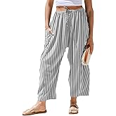 TARSE Womens Wide Leg Striped Plaid Pants Casual Barrel Loose Drawstring Low Waist Palazzo Harem Pants with Pockets
