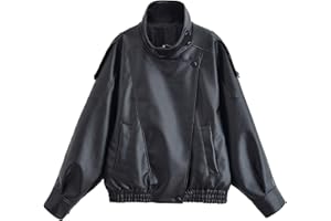 FindThy Women’s Oversized Faux Leather Jacket Casual High Collar Long Sleeve Zip Up Fall Fashion Motorcycle Coats