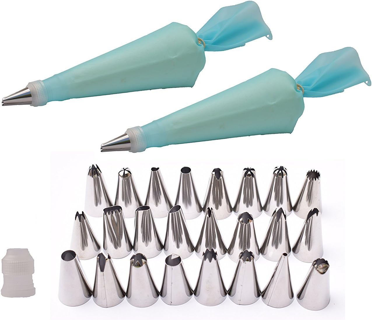 Raims Original Cake Decoration Tips Set 28 Pieces Include 2 Reusable Silicone Icing Bag and Appropriate Coupler + Suitable Storage, Professional Stainless Steel Piping/Dispenser Nozzle Kit