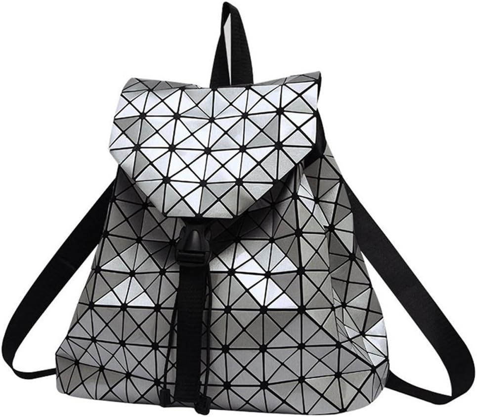 Women Backpack Prism Design Diamond Lattice Holographic Glossy Geo Ladies Girls Rucksack Shoulder Travel School Bags Silver