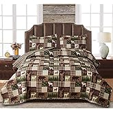 Oliven Reversible Lodge Plaid Bedding Moose Bear Quilt Full/Queen Size Rustic Bedspread Cabin Coverlet Wildlife Forest Daybed Cover Summer Lightweight Bed Cover Pillow Shams