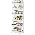 Sywhitta 6-Tier Plastic Rolling Utility Cart with Handle, Multi-Functional Storage Trolley for Office, Living Room, Kitchen, Movable Storage Organizer with Wheels, White