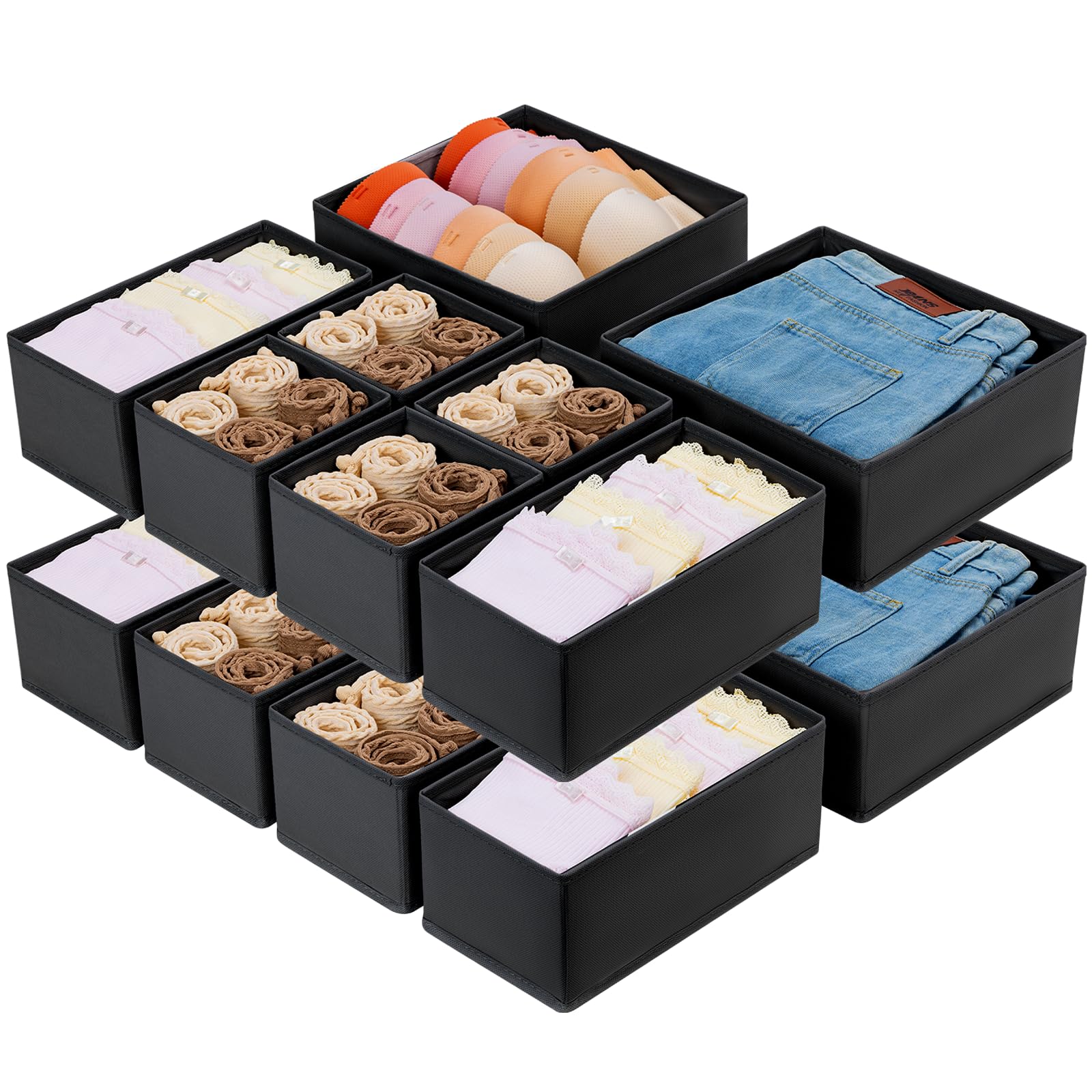 Homsorout 16 Pack Foldable Drawer Organiser Clothes - Fabric Drawer Dividers Wardrobe Organizers Draw Cubes for Socks, Underwear, Bras, Jeans, Cosmetics, Shirts, Black