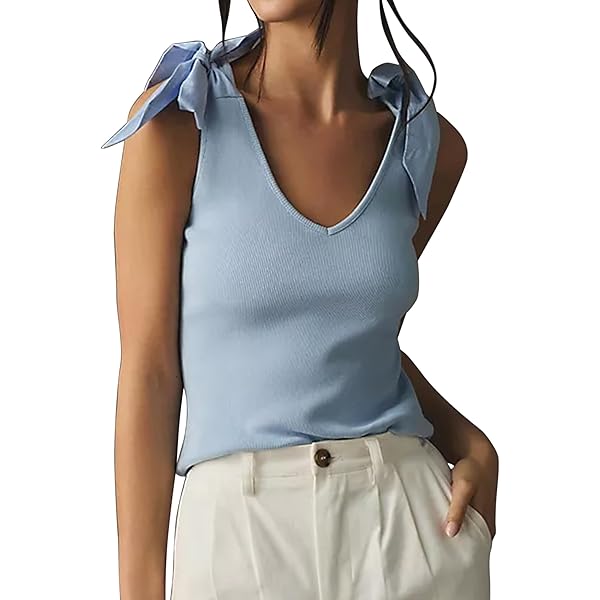 SAFRISIOR Women's Bow Tie Tank Tops V Neck Shoulder Strap